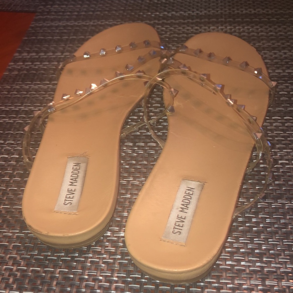 Prwnd Steve Madden studded clear nude color slip on sandals  size 10
